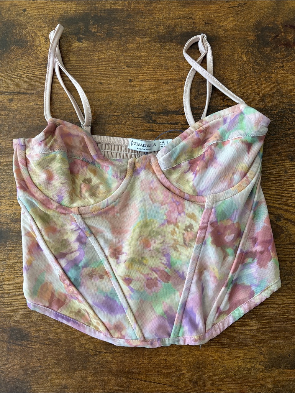stradivarius pastel floral corset-style crop top in pink, green, purple